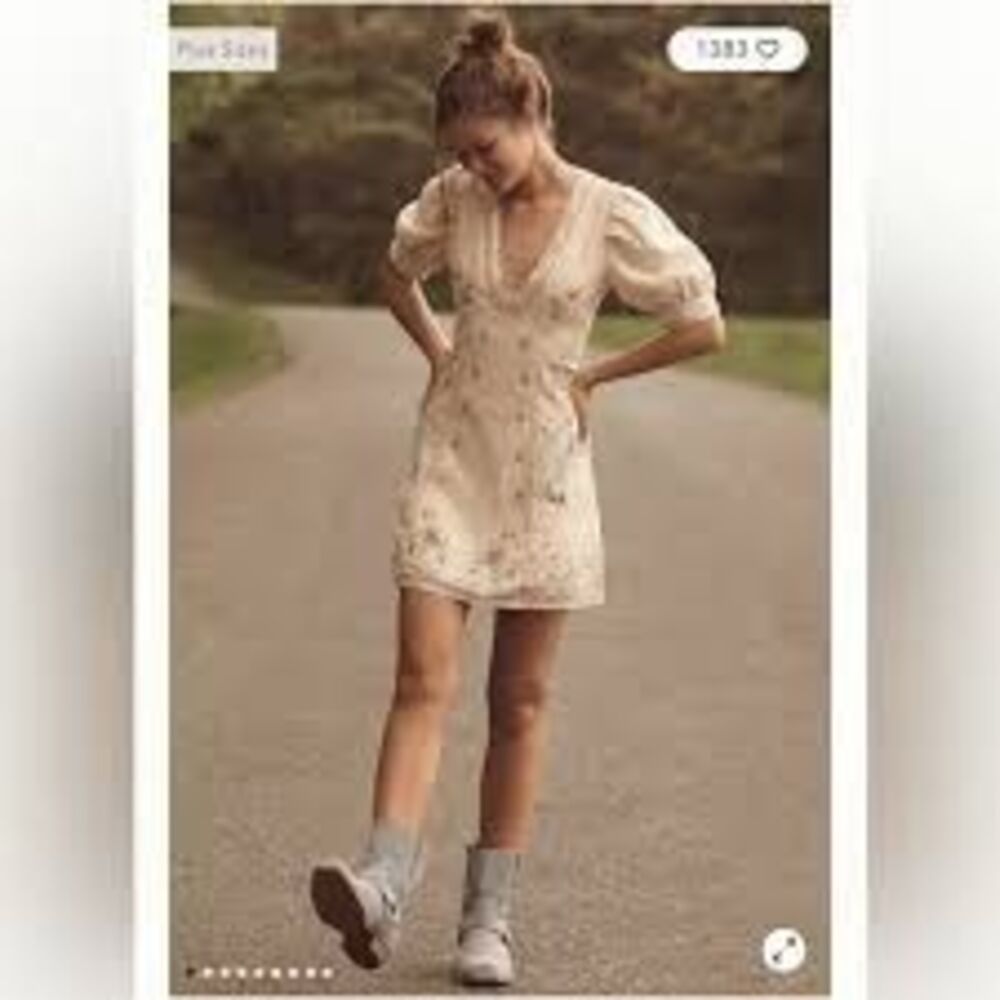 Anthropologie Linen Blend Puff-Sleeve V-Neck Mini Dress